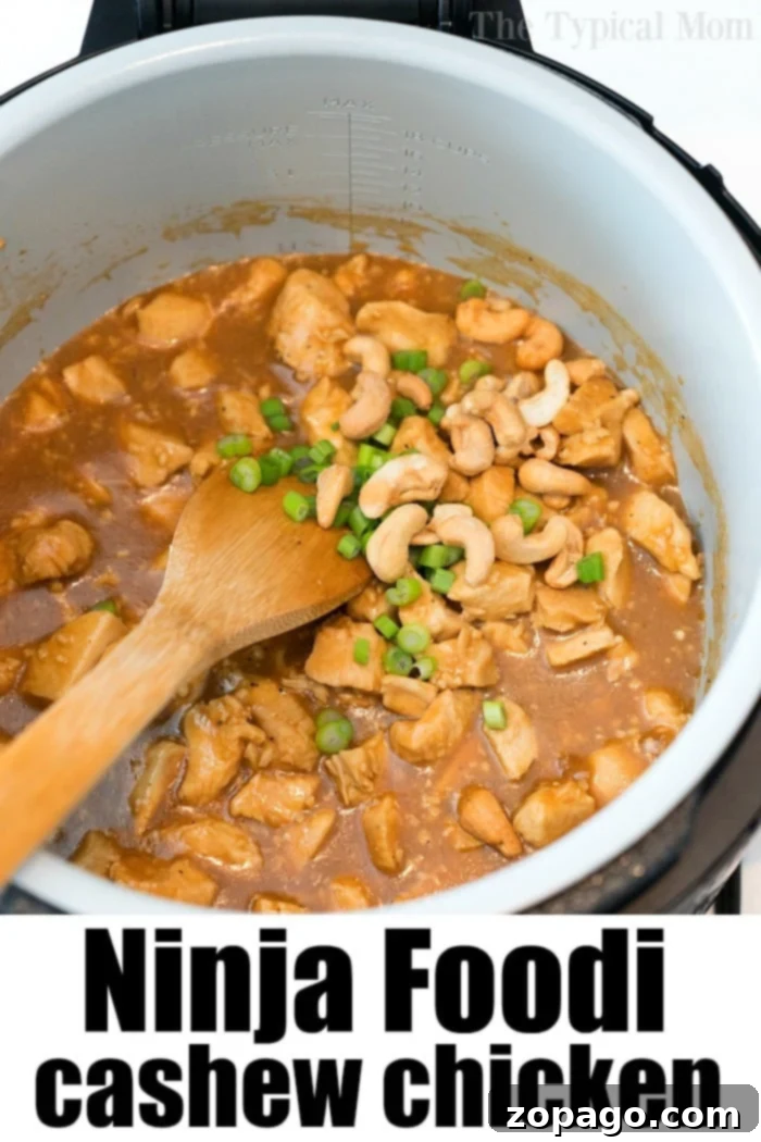 Easy Instant Pot Cashew Chicken 10 A bowl of Ninja Foodi Cashew Chicken, showcasing the sweet sauce and crunchy cashews, ready to be served over rice.
