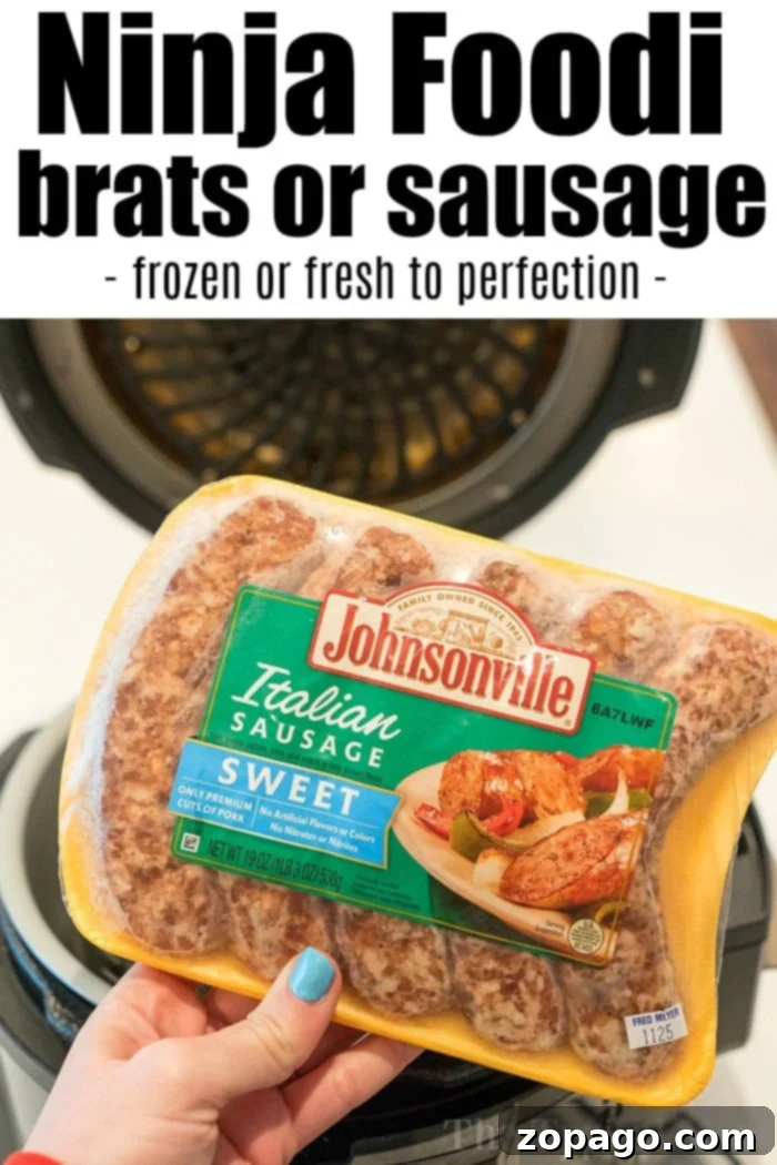 Ninja Foodi sausage or brats are a great dinner! Using fresh or frozen brats or sausage links you can make them tender on the inside with that snap on the outside! #ninjafoodi #ninjafoodirecipes #pressurecooker #airfryer #sausage #brats #bratwurst Close-up of crispy Ninja Foodi sausage links