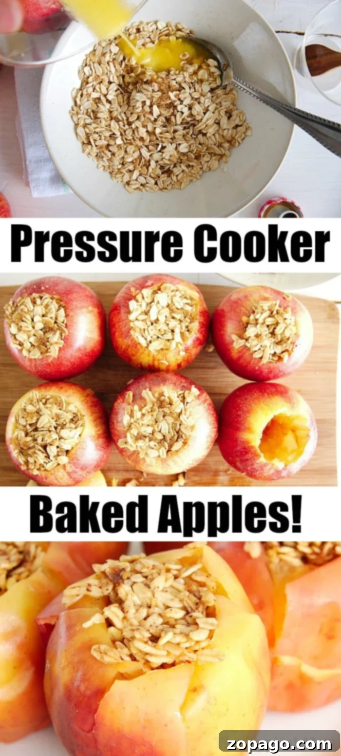 Pressure cooker baked apples can be made in your Instant Pot, Crockpot Express or Ninja Foodi machine! A healthy fruit dessert or snack, you'll love these. #instantpot #crockpotexpress #bakedapples #apples #dessert #breakfast #ninjafoodi easy instant pot baked apples preparation