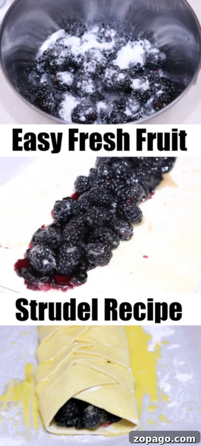 Fruit strudel pastry made with puff pastry is here! A perfect holiday treat to serve at brunch, breakfast, or for dessert. #strudel #fruit #blackberry #dessert #pastry #puffpastry Plated blackberry dessert with powdered sugar