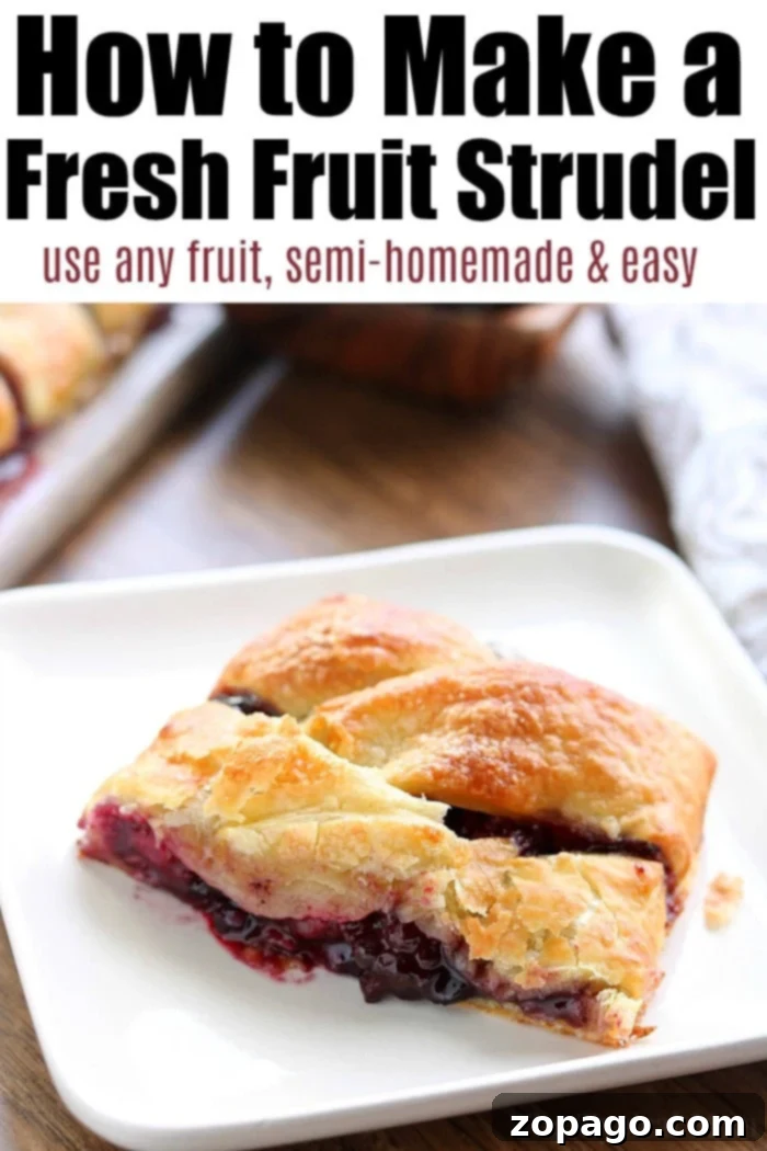 Strudel pastry filled with fresh fruit and made with puff pastry is here! A perfect holiday treat to serve at brunch, breakfast, or for dessert. #strudel #fruit #blackberry #dessert #pastry #puffpastry Beautifully baked fruit strudel pastry, ready to serve