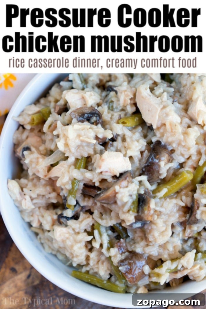Pressure Cooker Chicken Mushroom Casserole: A delicious, quick, and comforting meal with tender chicken, rice, and fresh vegetables made in your Instant Pot or Ninja Foodi. Hearty Pressure Cooker Chicken Mushroom Casserole with tender chicken pieces, earthy mushrooms, and green beans, perfect for a quick family dinner.