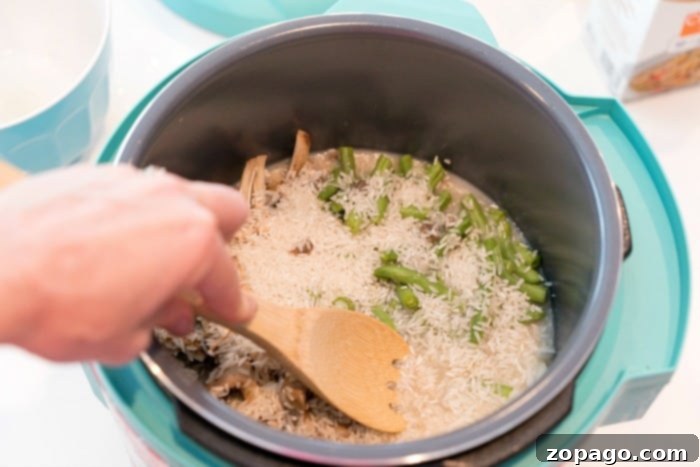 Creamy Chicken And Mushroom Rice Bake 2 Close-up of creamy pressure cooker mushroom rice with steam rising, featuring a rich blend of textures and colors, ready to serve.