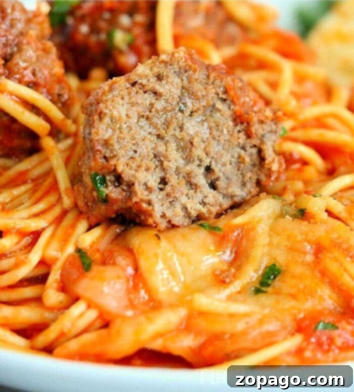 One-Pot Wonder: Slow Cooker Spaghetti and Meatballs 2 A close-up of crockpot spaghetti with jar sauce, topped with a sliced meatball and herbs.
