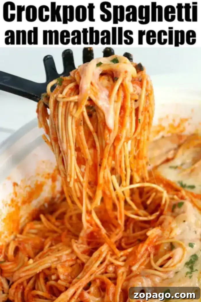 Slow cooker spaghetti and meatballs is a game changer! NO need to boil noodles when making this pasta dinner in your slow cooker. Homemade comfort food. Crockpot spaghetti and meatballs with jar sauce