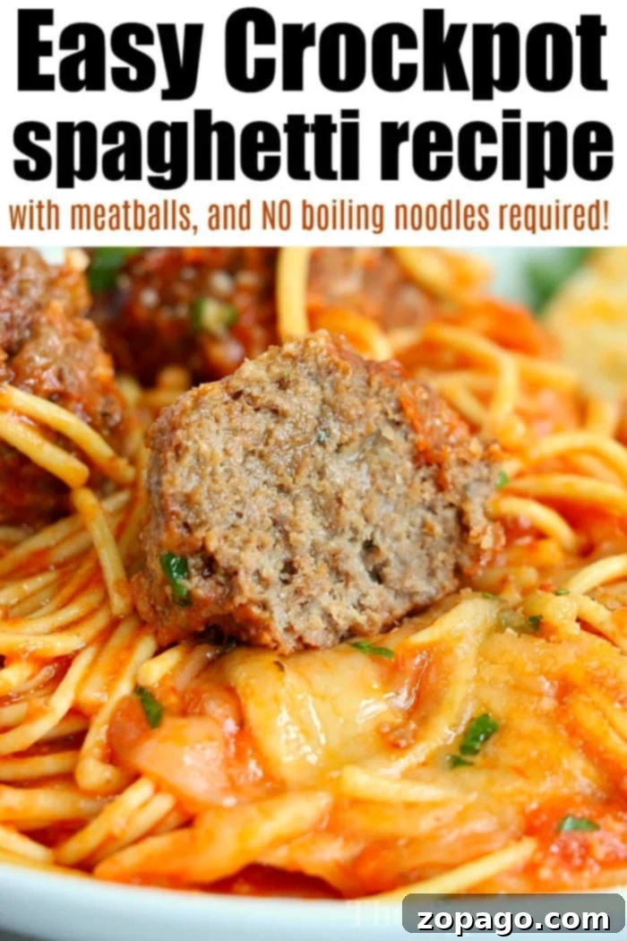 Crockpot spaghetti and meatballs is a game changer! NO need to boil noodles when making this pasta dinner in your slow cooker. Homemade comfort food. Crockpot Spaghetti and Meatballs