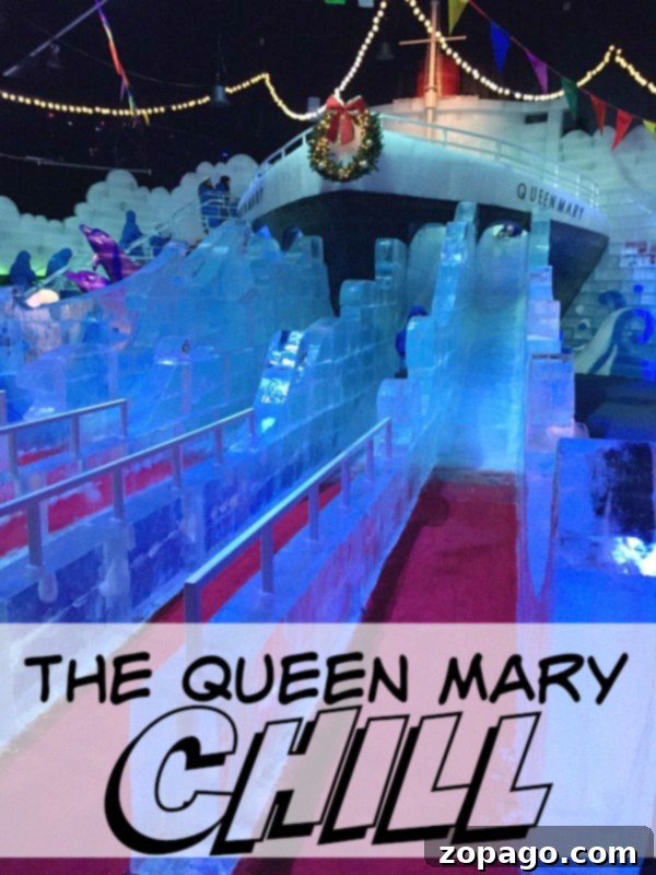 Discover the magic of Queen Mary Chill: Ice sculptures, tubing, and holiday fun in Long Beach! Queen Mary Chill entrance and festive atmosphere in Long Beach