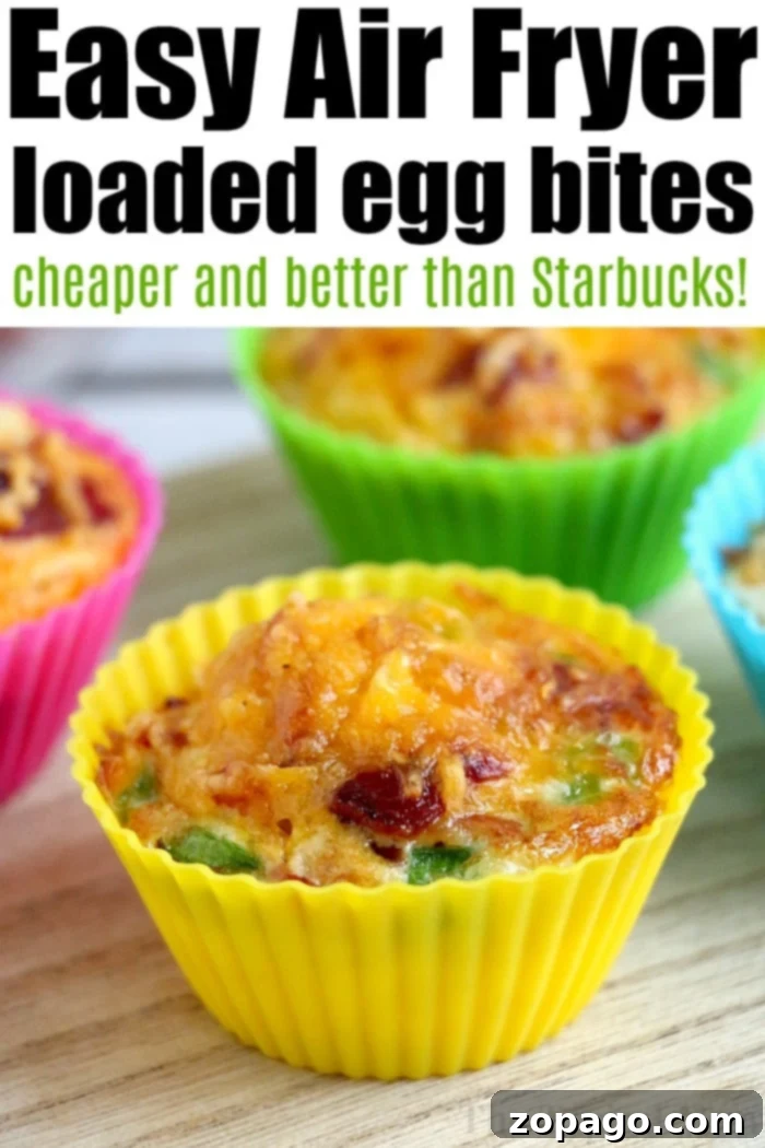 Air fryer egg bites filled with bacon, cheese and onions are the best low carb and keto breakfast idea ever! Like Starbucks egg bites but customized! #airfryer #airfryerrecipes #ninjafoodirecipes #eggbites #starbuckseggbites #airfryereggbites Close-up on a single, golden-brown air fryer egg bite, perfectly cooked and ready to eat.