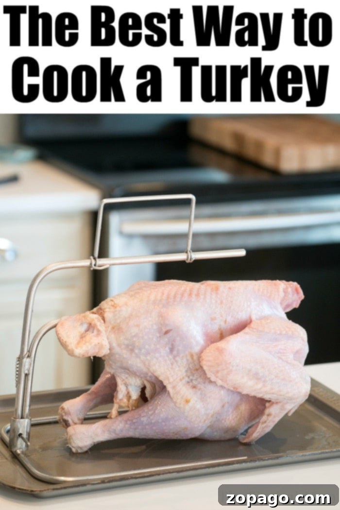 Discover the best way to cook a turkey and find all the answers to how long to cook it for a perfect holiday meal! Beautifully prepared raw turkey, generously coated with an aromatic rub and butter, resting on a roasting rack on a baking tray, ready for the oven. Above, text reads, 'The Best Way to Cook a Turkey.'