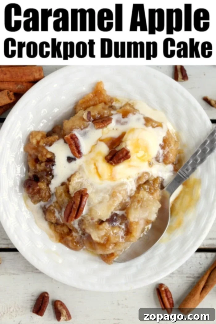 This Crockpot apple dump cake is ooey gooey with caramel and pecans in it too. Top with vanilla ice cream and OH MY it's a great slow cooker dessert. #crockpotdessert #dumpcake #appledumpcake #crockpotcake #applecake #carameldumpcake A top-down view of a spoonful of crockpot apple dump cake with caramel and pecans