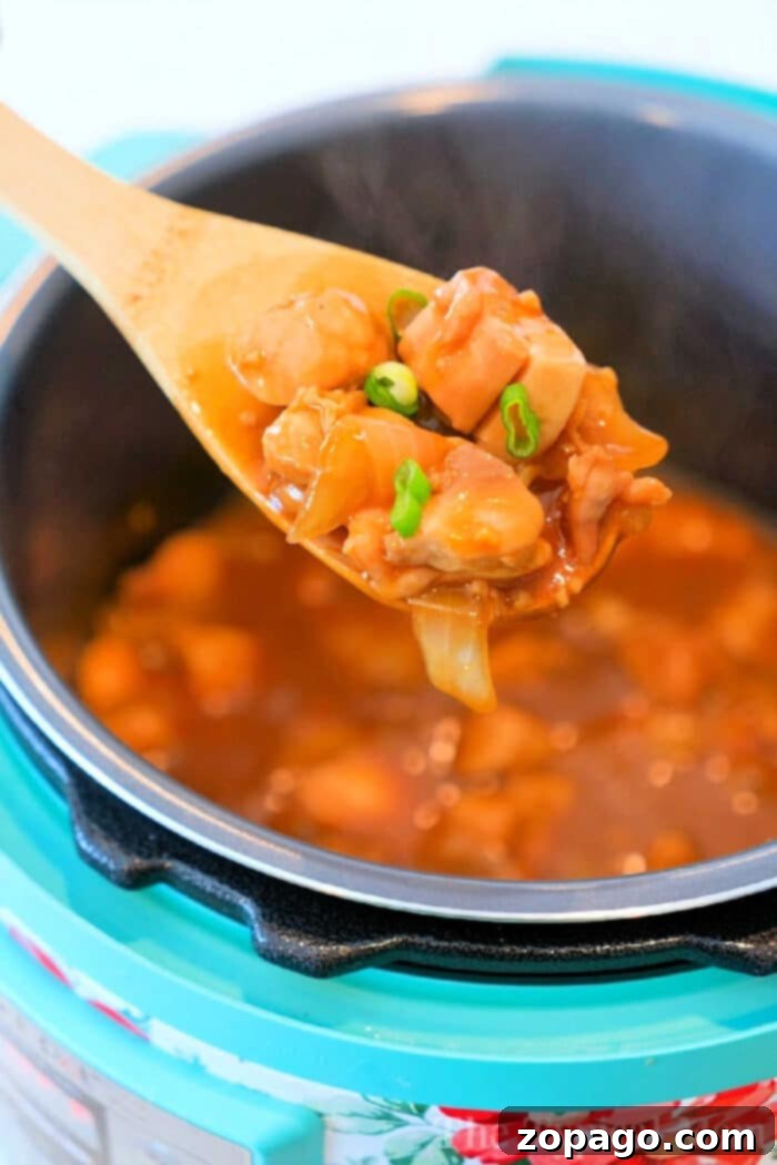 Cozy January Cooking 2 A spoonful of spicy chicken stew with green onions above a blue pot, perfect for warming up with one of those hearty January instant pot recipes.