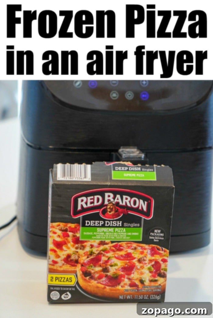 Perfect Air Fryer Frozen Pizza Every Time 9 A box of Red Baron Deep Dish Singles Supreme Pizza sits enticingly in front of a sleek, black air fryer with a digital display. Above the image, the text reads: "Frozen pizza perfection in an air fryer.