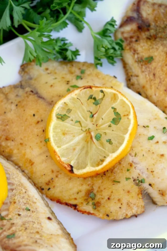 Air Fryer Frozen Fish: Flaky, Tender, and Crispy Perfection Elegantly garnished air fryer frozen fish, without breading, served with a lemon slice and fresh parsley on a clean white plate, ready to enjoy.