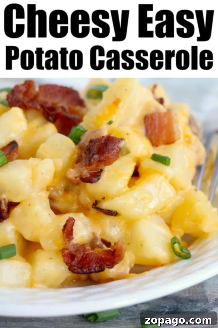 Cheesy potato casserole recipe is easy to throw together with bacon and chives too. Serve for breakfast, brunch or dinner and it will surely be a hit. A close-up of a rustic cracker barrel style potato casserole, featuring tender potato slices layered with a creamy, savory sauce and golden-brown topping, served in a cast iron skillet.