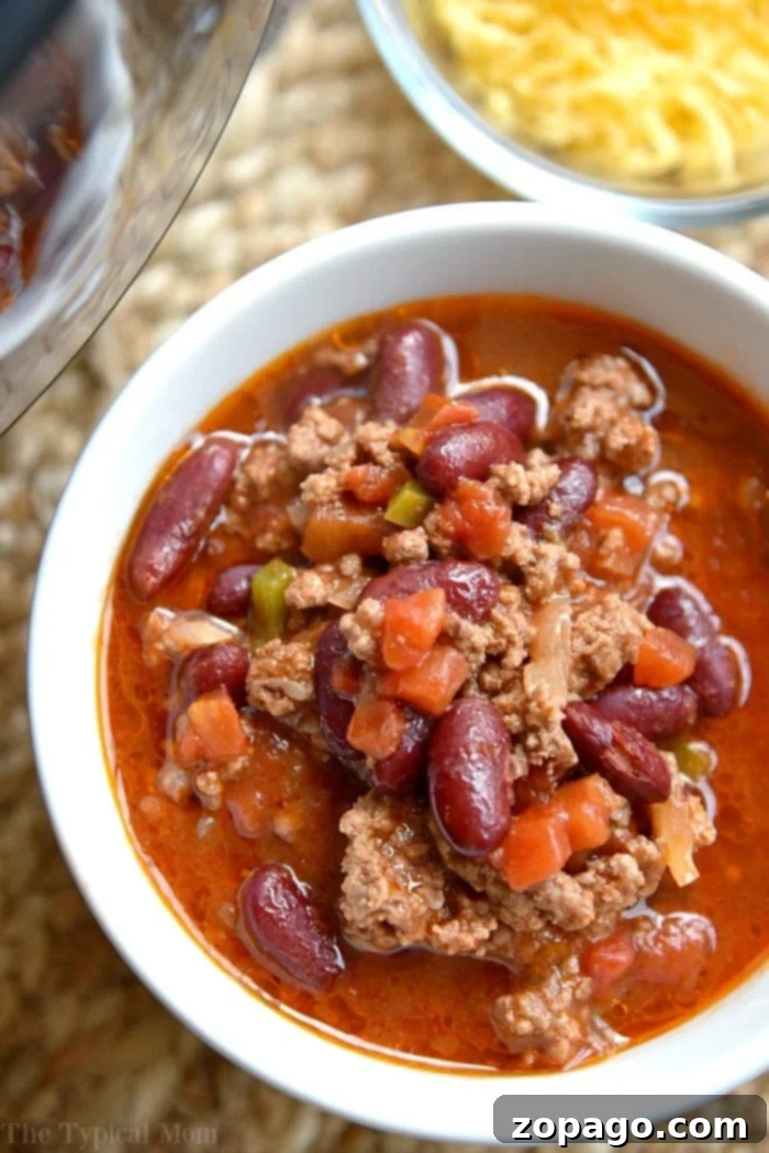 5-Ingredient Meals 8 Hearty 5-ingredient Instant Pot chili served in a rustic bowl, generously garnished with shredded cheese and fresh herbs, ready to be enjoyed.