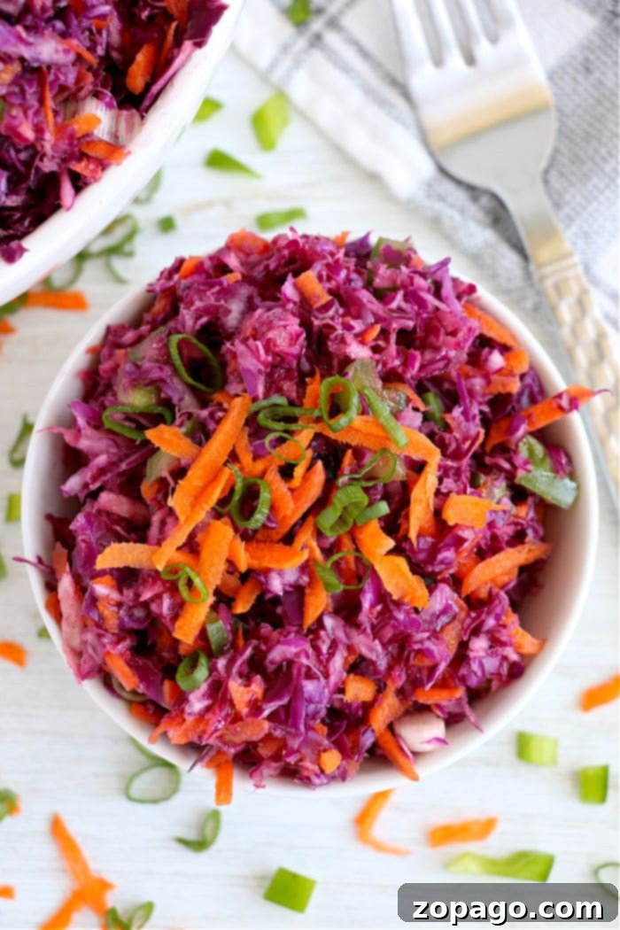 Vibrant Red Cabbage Slaw 7 A bowl of homemade red cabbage coleslaw with a serving spoon, ready to be enjoyed.