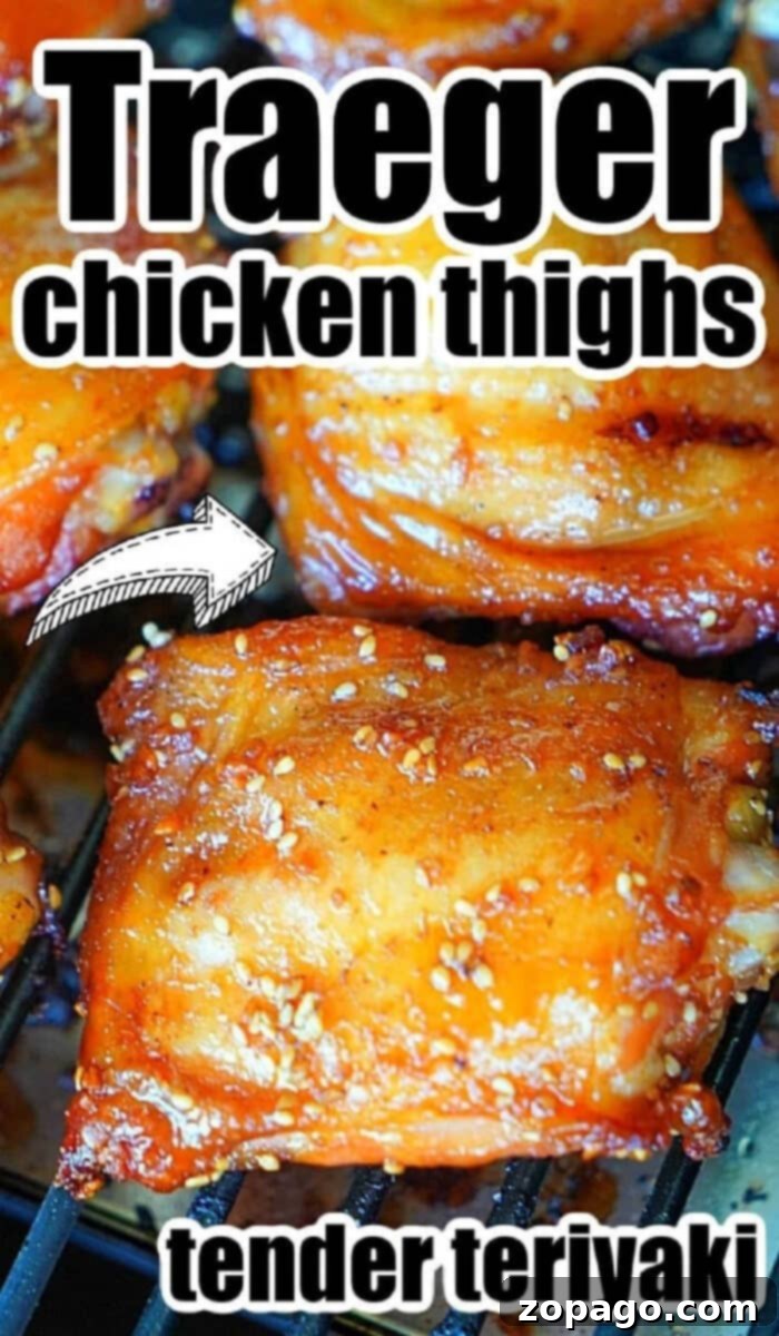 Perfectly Smoked Traeger Chicken Thighs 2 Perfectly glazed Traeger smoked chicken thighs with a rich teriyaki marinade, showcasing their succulent texture and deep flavor profile.