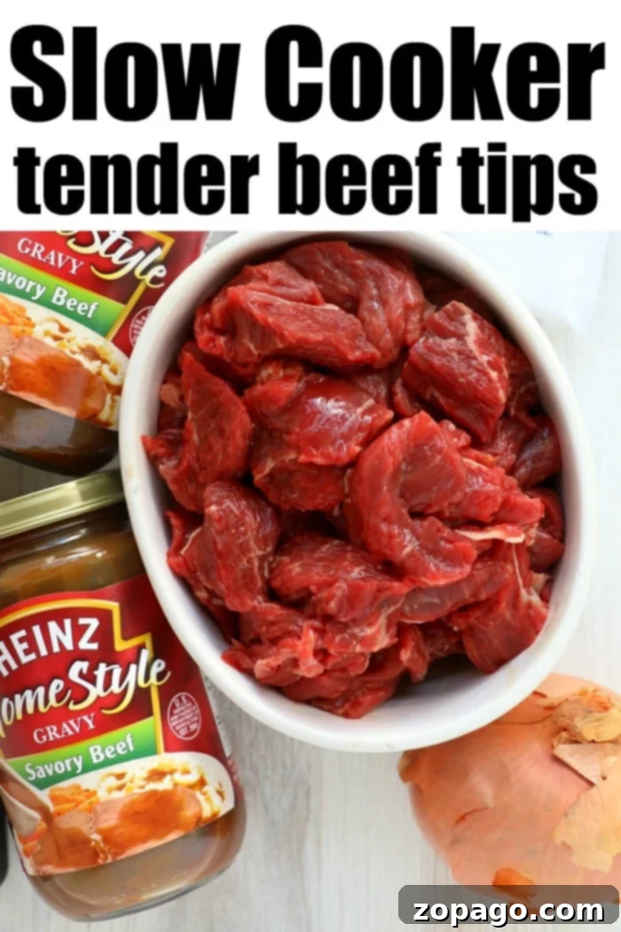 Tender Slow Cooker Beef Tips in Rich Gravy 4 crockpot beef tips