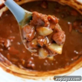 A spoonful of hearty beef tips above a slow cooker brimming with tender beef tips and more delicious stew.