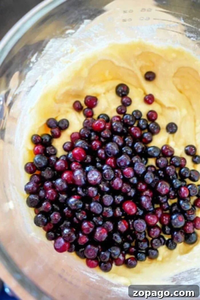 A bowl of muffin batter with fresh blueberries on top, ready to be mixed, makes for an easy muffin recipe that's sure to delight.
