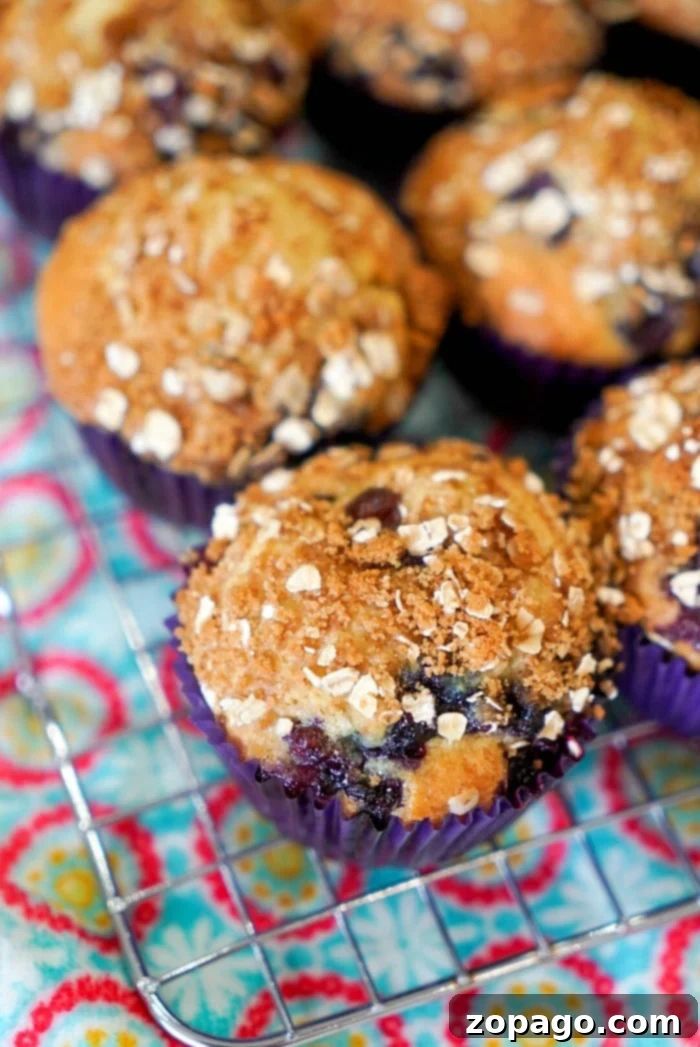 Close-up of huckleberry muffins with crumb topping on a cooling rack, showcasing the easy muffin recipe over a colorful patterned cloth.