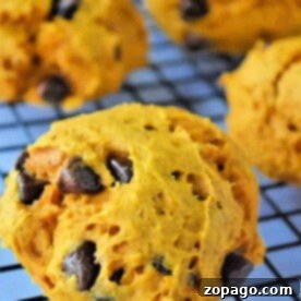 Easy Pumpkin Cake Mix Cookies 7 Close-up of pumpkin cookies with cake mix and chocolate chips on a cooling rack.