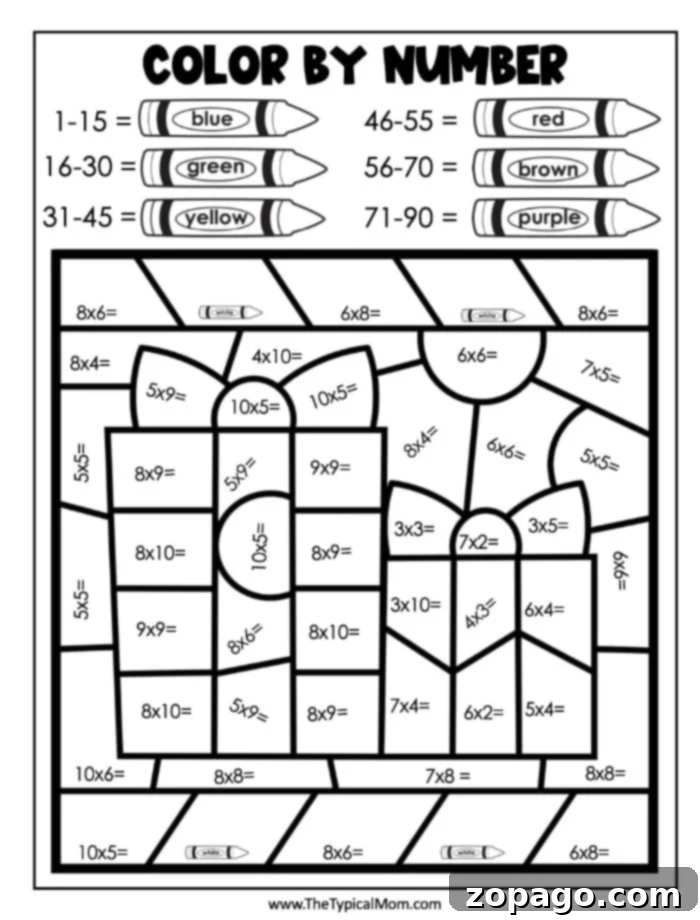 Holiday Numbered Art Fun 3 A Christmas themed color by number worksheet featuring a Santa Claus figure with multiplication problems, each number corresponding to a specific color.