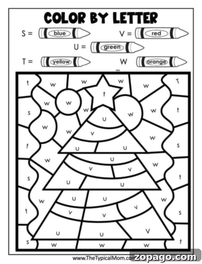Holiday Numbered Art Fun 4 A festive Kindergarten color by number worksheet featuring a Christmas tree design, with sections labeled by letters of the alphabet to be colored according to a key.