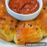 Crispy Air Fryer Frozen Rolls 8 Golden, seasoned air fryer garlic bread rolls arranged around a bowl of marinara sauce on a white plate.
