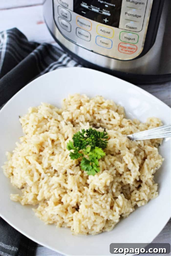 Creamy Instant Pot Risotto 2 A plate of cooked risotto garnished with parsley sits next to an Instant Pot, showcasing a delicious instant pot risotto recipe, with a fork placed on the plate for easy serving.