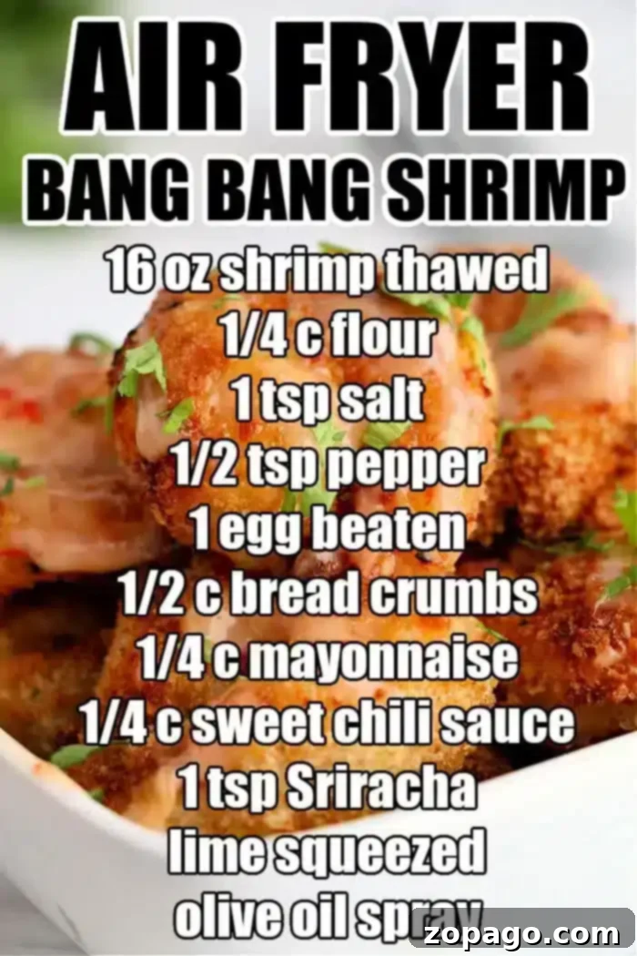 Crispy Air-Fried Bang Bang Shrimp 11 A recipe for Air Fryer Bang Bang Shrimp featuring 16 oz of thawed shrimp, 1/4 cup flour, 1 tsp salt, 1/2 tsp pepper, a beaten egg, 1/2 cup bread crumbs, 1/4 cup mayonnaise, 1/4 cup sweet chili sauce, 1 tsp Sriracha, lime juice squeezed on top and a