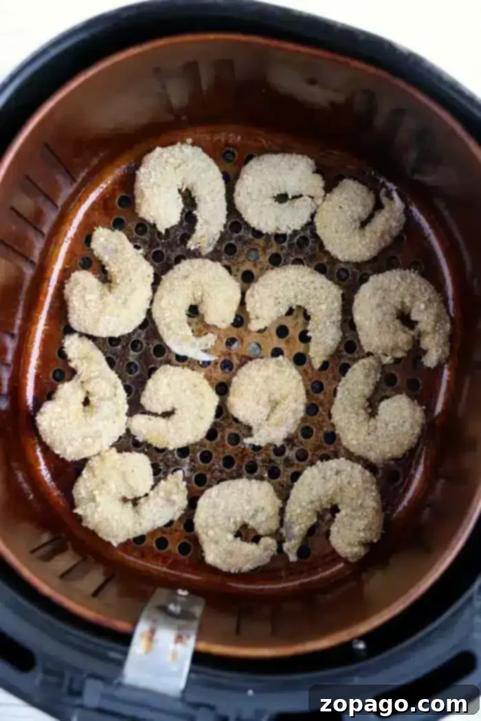 Crispy Air-Fried Bang Bang Shrimp 9 An air fryer basket containing twelve breaded bang bang shrimp arranged in a circular pattern. The shrimp are partially cooked, with a light golden-brown appearance. The basket has a perforated base.