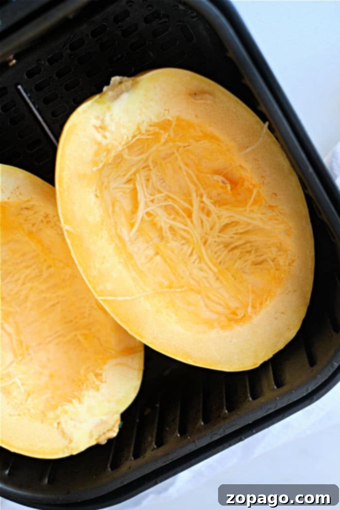Easy Air Fryer Spaghetti Squash 4 Spaghetti squash halves cooking inside an air fryer basket, showing the browning and tenderizing process.