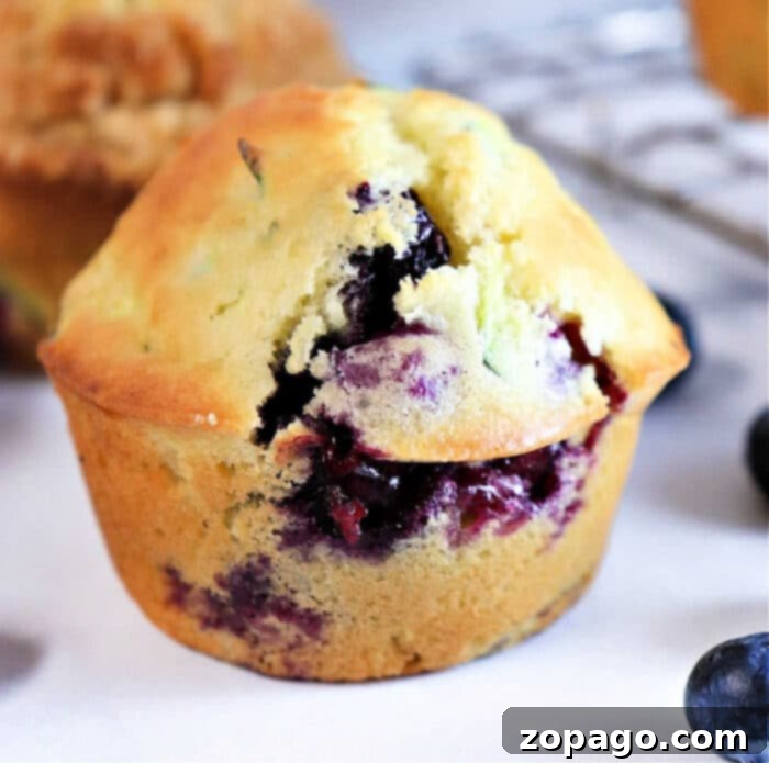 Heavenly Zucchini Blueberry Muffins 2 Close-up of freshly baked zucchini blueberry muffins, showcasing their golden-brown tops and moist interior with visible blueberries and zucchini shreds.