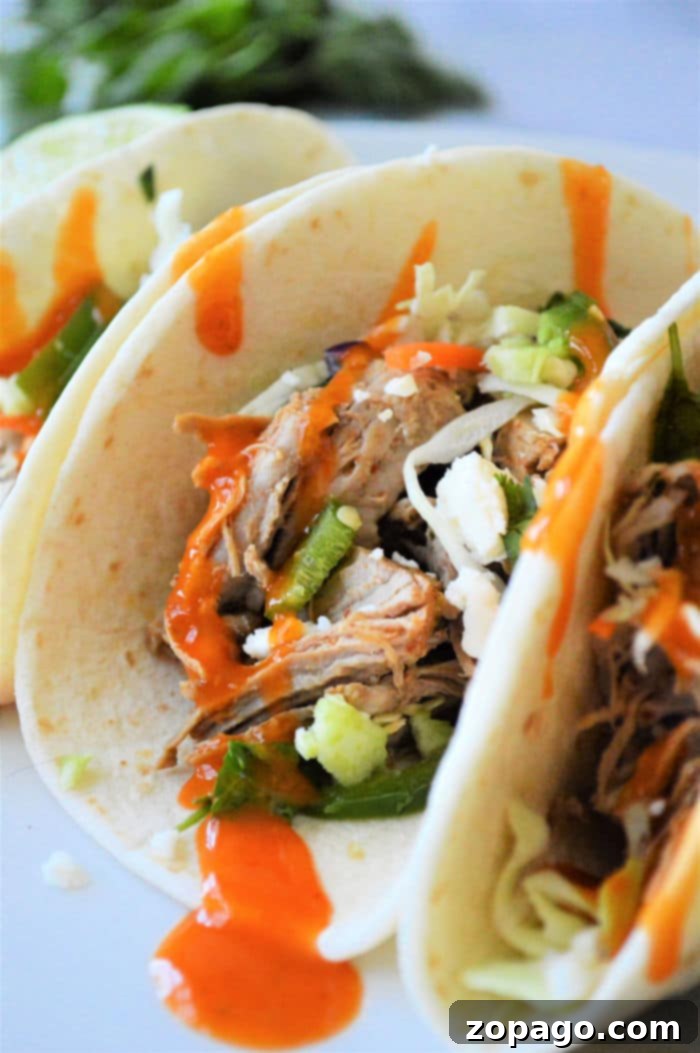 Tender Pork Taco Perfection 2 Instant Pot Pork Tacos, piled high with delicious toppings.