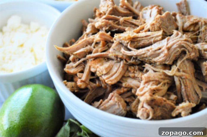 Tender Pork Taco Perfection 6 Close-up of perfectly shredded pulled pork, juicy and ready for tacos.