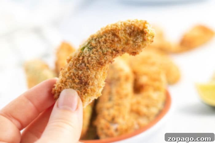 Close-up of air fryer avocado fries, highlighting their perfectly browned and crispy coating.