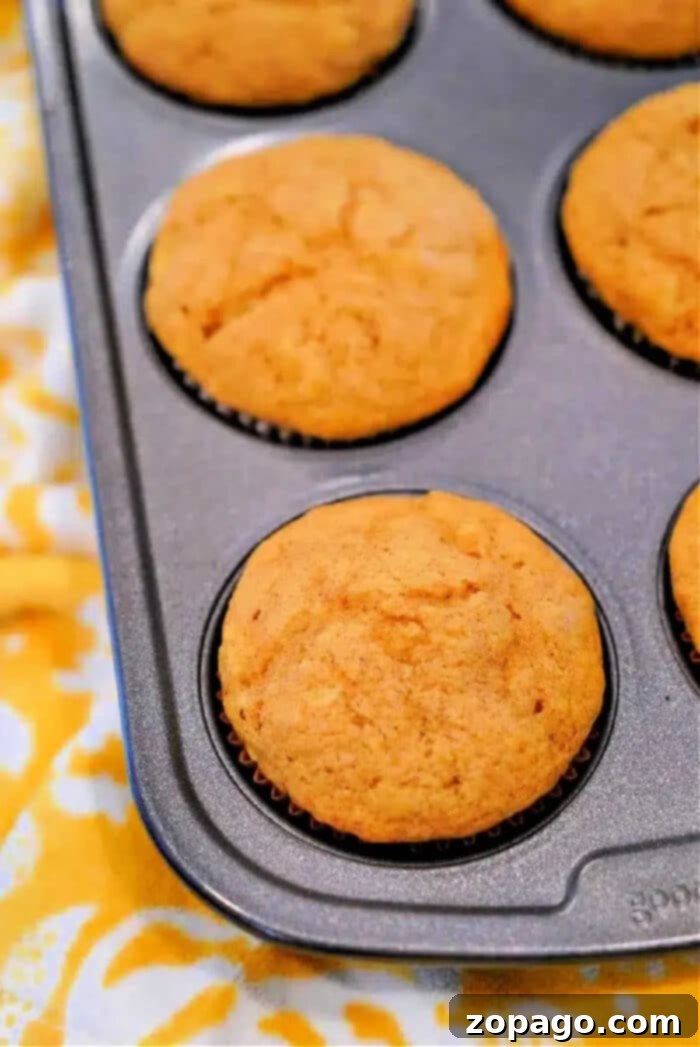 Easy Cake Mix Pumpkin Banana Muffins 9 A muffin tin holds six freshly baked golden brown Cake Mix Pumpkin Banana Muffins on a yellow patterned cloth.