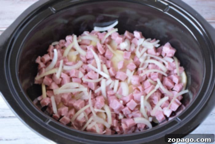 Easy Slow Cooker Ham and Potatoes 7 Close-up of ham and potatoes in a crockpot, ready to serve