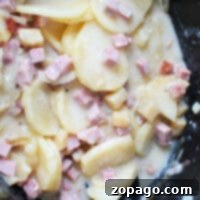Easy Slow Cooker Ham and Potatoes 8 Close-up of crockpot ham and potatoes featuring sliced potatoes, diced ham, and onions in a creamy sauce. A black spoon rests in the mixture, perfect for stirring or serving this hearty dish.