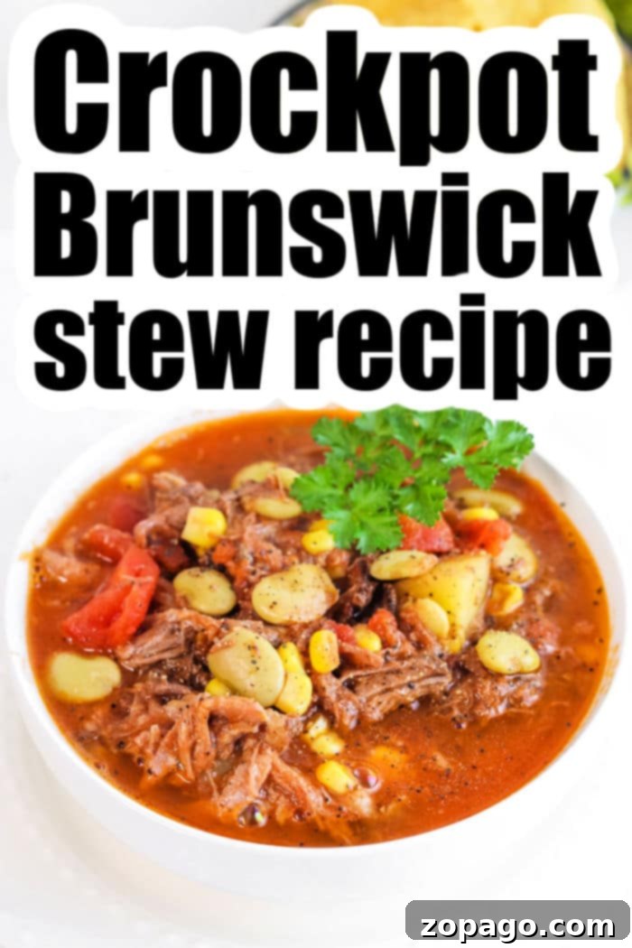Slow Cooker Brunswick Stew 10 Hearty Crockpot Brunswick Stew, garnished with fresh herbs, ready to be enjoyed.