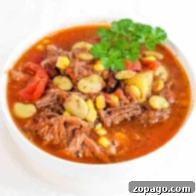A bowl of slow cooker Brunswick stew with tender meat, corn, and lima beans, garnished with fresh parsley.