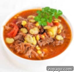 A bowl of slow cooker Brunswick stew with tender meat, corn, and lima beans, garnished with fresh parsley.