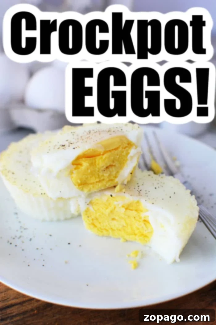 Effortless Slow Cooker Eggs 7 Plate with halved cooked eggs seasoned with pepper, labeled Slow Cooker EGGS! in bold text.