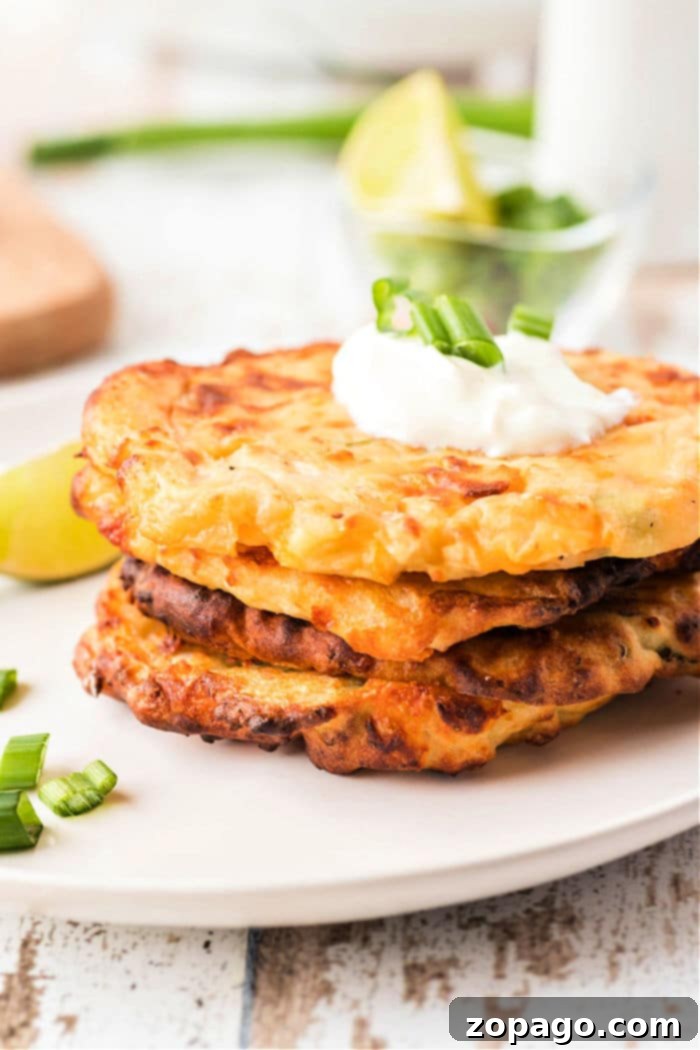 Crispy Air Fryer Potato Pancakes 2 Crispy air fryer potato pancakes with melted cheese and chives.
