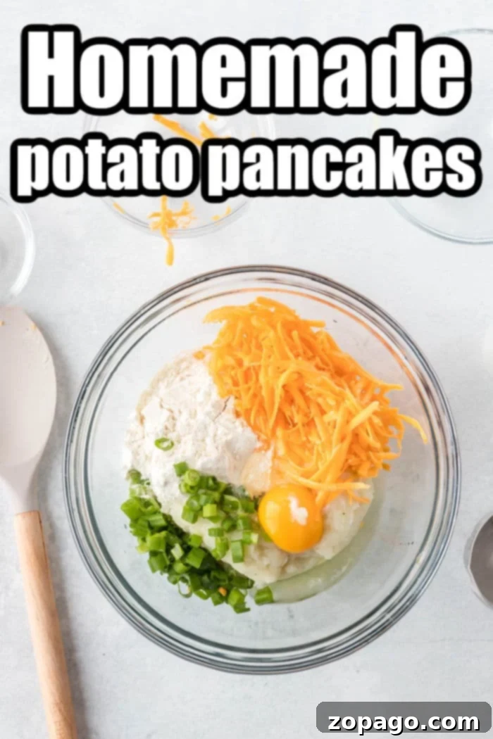 Crispy Air Fryer Potato Pancakes 4 Ingredients for Air Fryer Potato Pancakes: mashed potatoes, cheese, egg, flour, and green onions in a bowl.