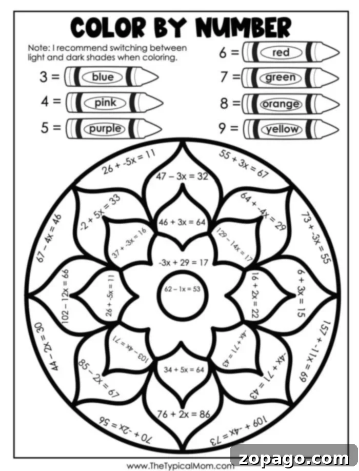 Free Adult Color by Number Printables 2 challenging algebra color by number puzzle for adults