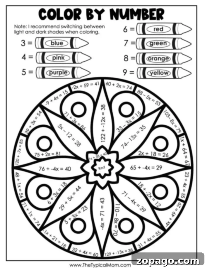 Free Adult Color by Number Printables 4 downloadable color by number adults algebra worksheets