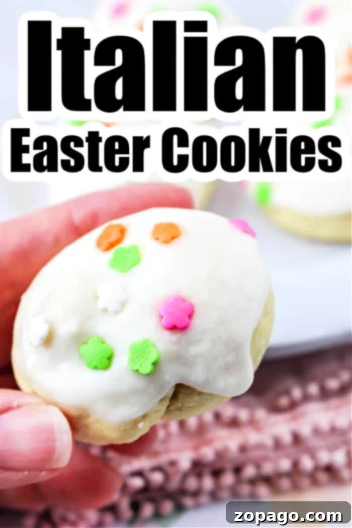 Classic Italian Easter Cookies 8 Close-up of a plate of Italian Easter Cookies, some frosted and sprinkled.