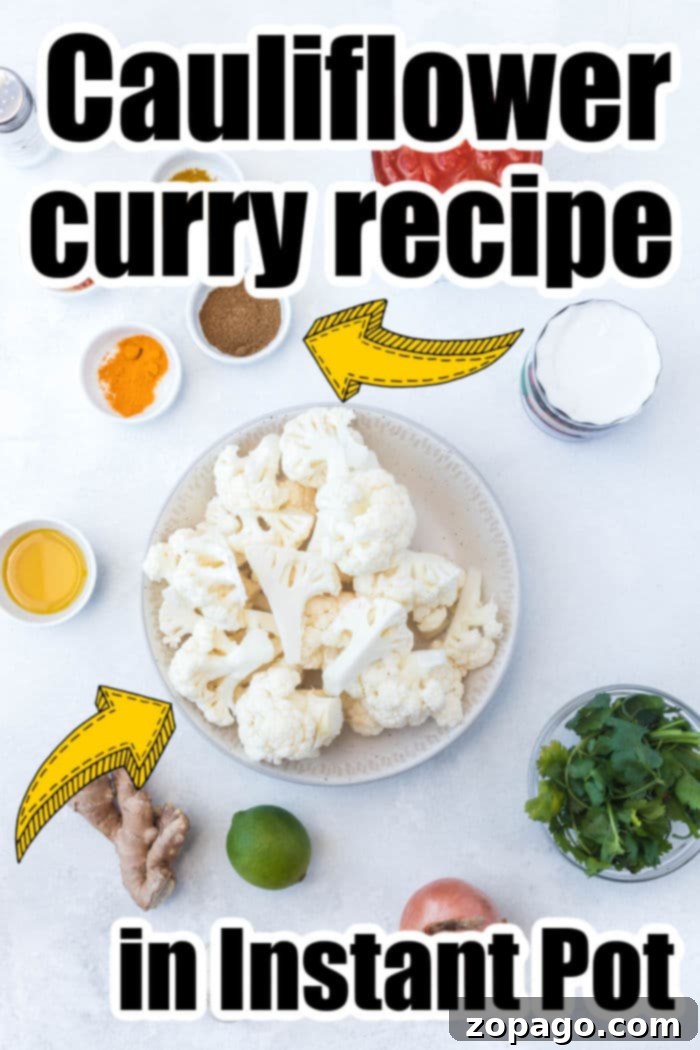 Golden Cauliflower Curry 8 A generous serving of Cauliflower Curry made in an Instant Pot, garnished with fresh herbs.